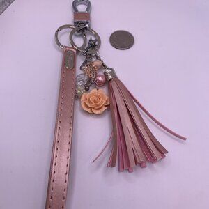 Silvertone Key Chain with Pink Rose and Pink Strap 8" Long